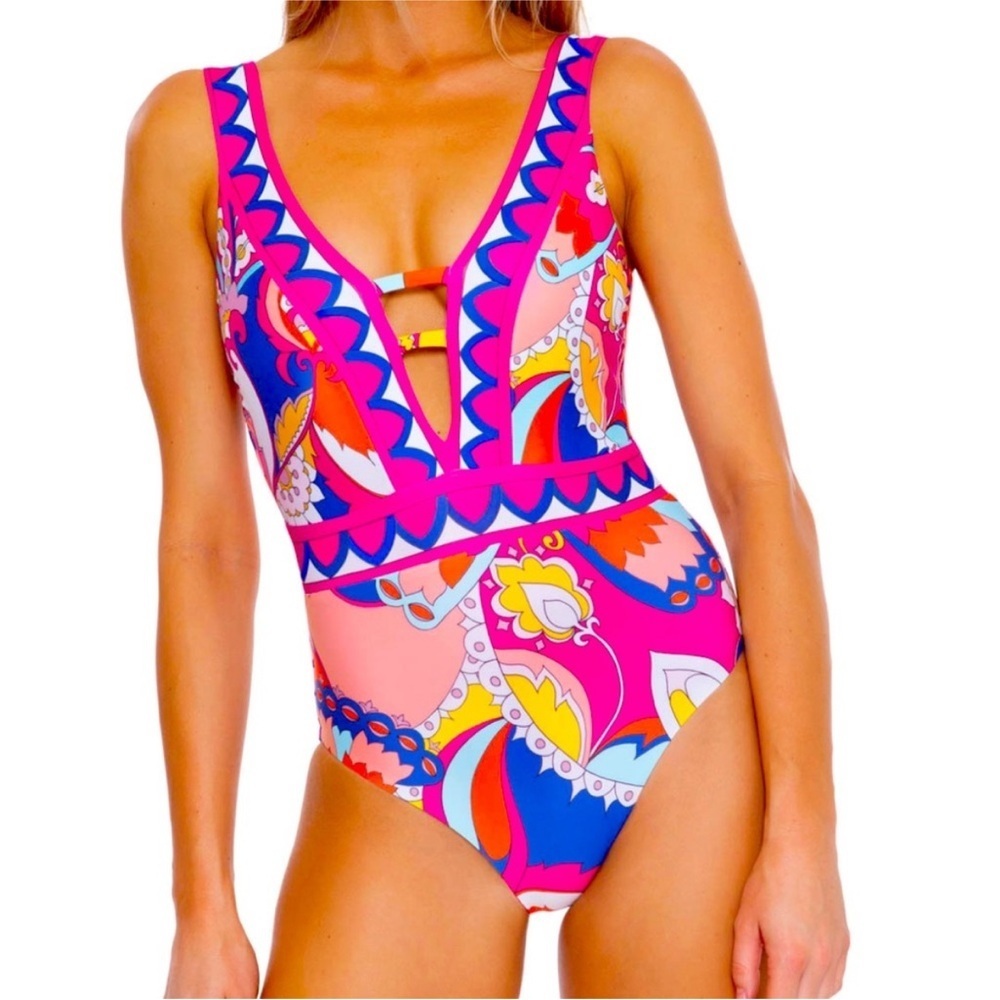 Trina Turk Sevilla plunge one piece bathing swim suit pink blue 10